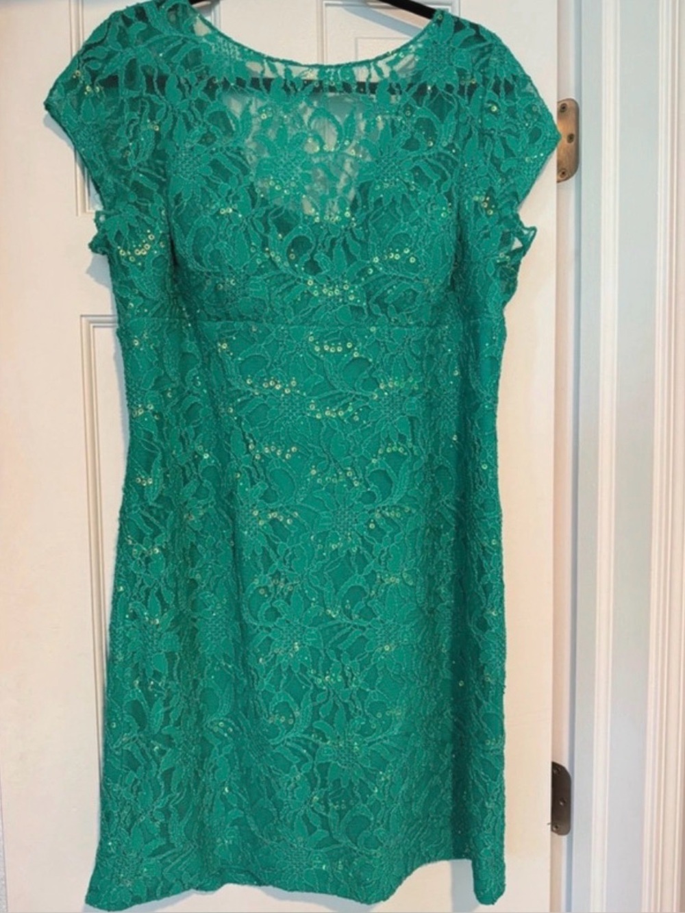 Hailey Adrianna Papell Teal Sequin Lace Cap Sleeve Cocktail Dress 14